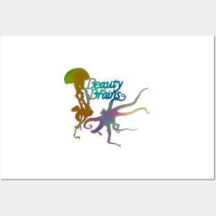 Beauty and Brains, Octopus and Jellyfish Duo 2, Hazy Pastel Rainbow, Bold Graphic Design Posters and Art